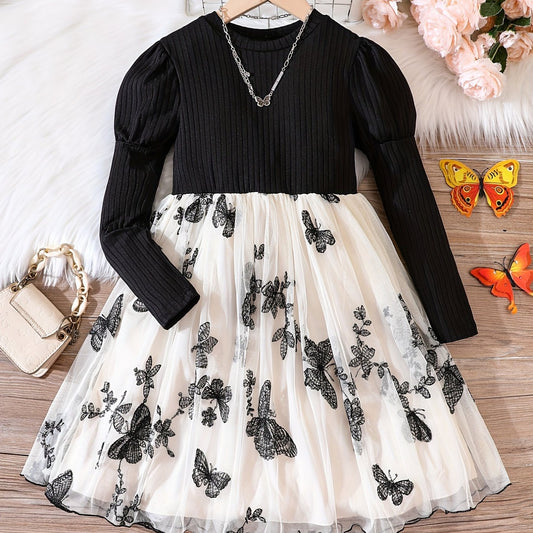 Girls Mesh Butterfly Embroidery Long Sleeve Dress