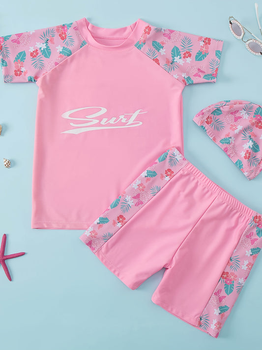 Toddler Girls Bikini Tankini Swimsuit Raglan Sleeve Top Shorts Swimming Cap Set