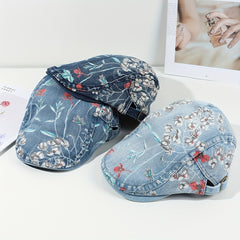 Y2K Washed Denim Newsboy Hat Beret Vintage Lightweight British Style Painter Hat