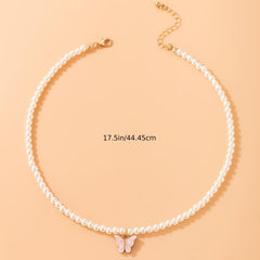 Beaded Necklace Faux Pearls Butterfly Choker Chain for Women