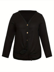  Retro Cardigan Women's Plus Solid Long Sleeve Button Up Knot Front Kni