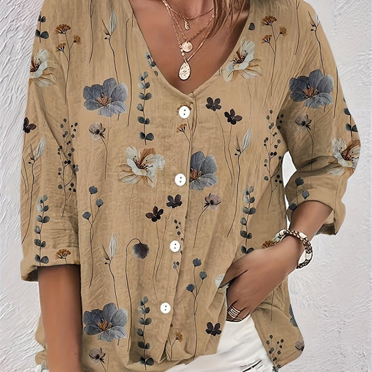Floral Print Button Up V Neck Top Plus Size
