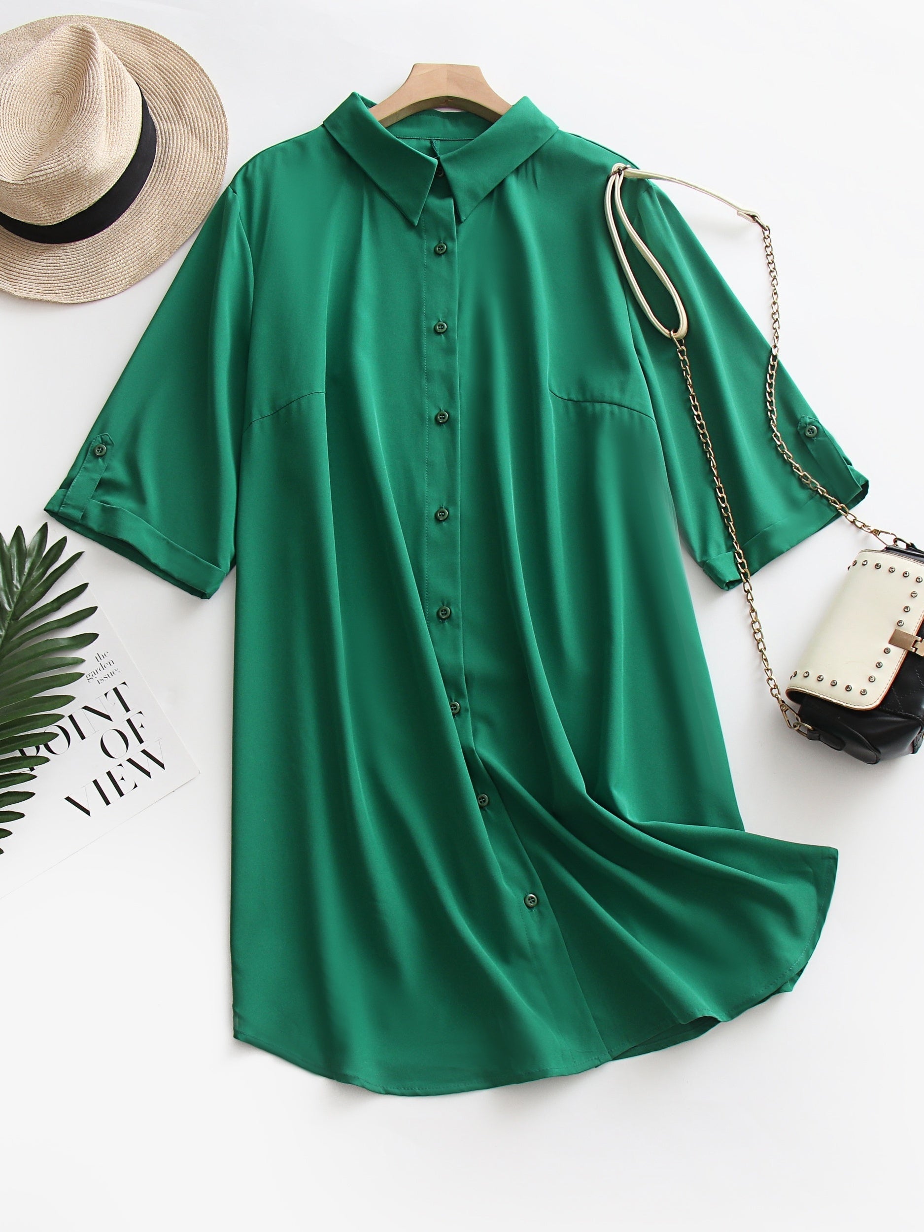  Solid Button Up Shirt Dress