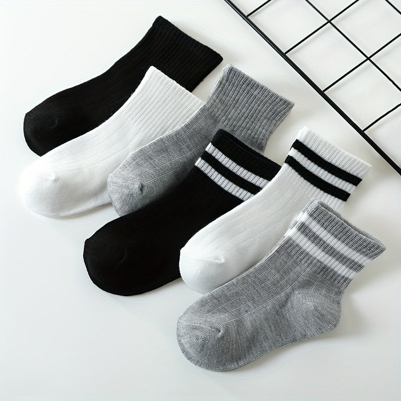 3 Pairs Boys Kids Striped Solid Socks For School Students Breathable Comfy