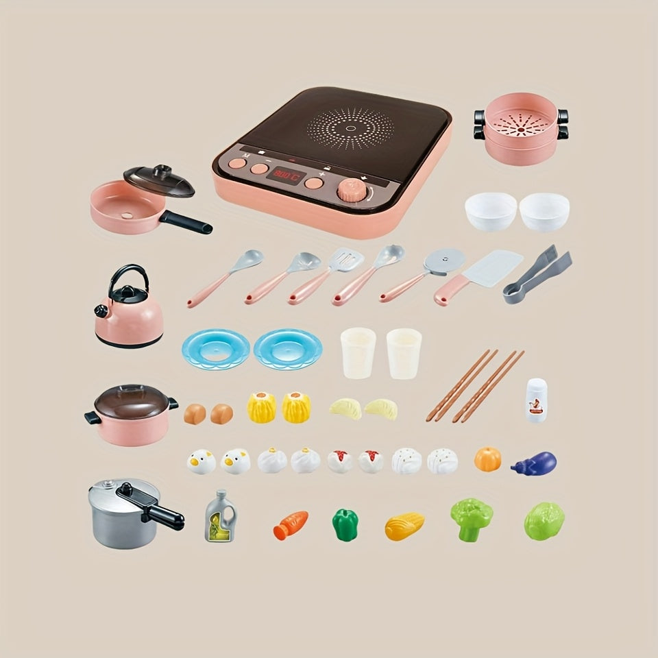 Colorful Kids' Play Kitchen Set with Utensils, Pots, Pans, and Microwave