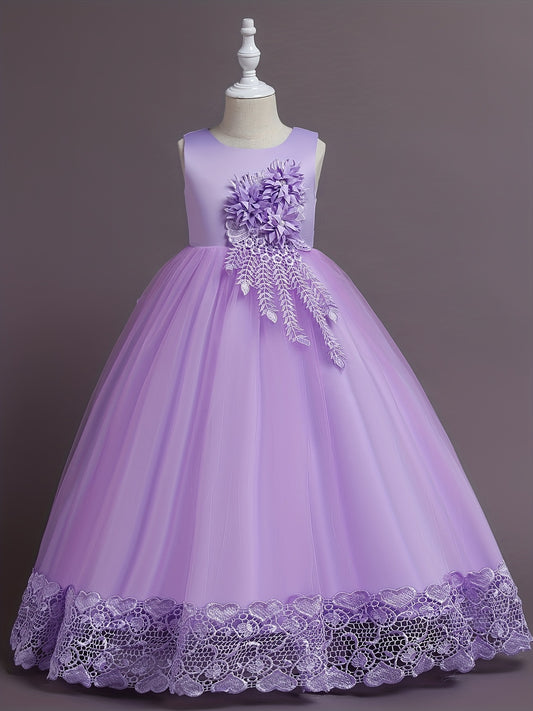Girls Heart Floral Embroidery Mesh Princess Dress Wedding Party Clothes