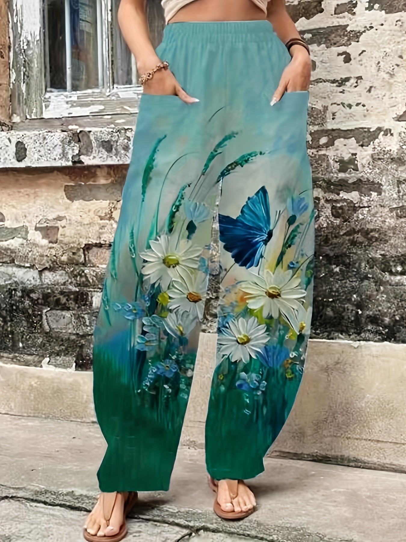 Women's Plus Floral Painting Print High Rise Pants