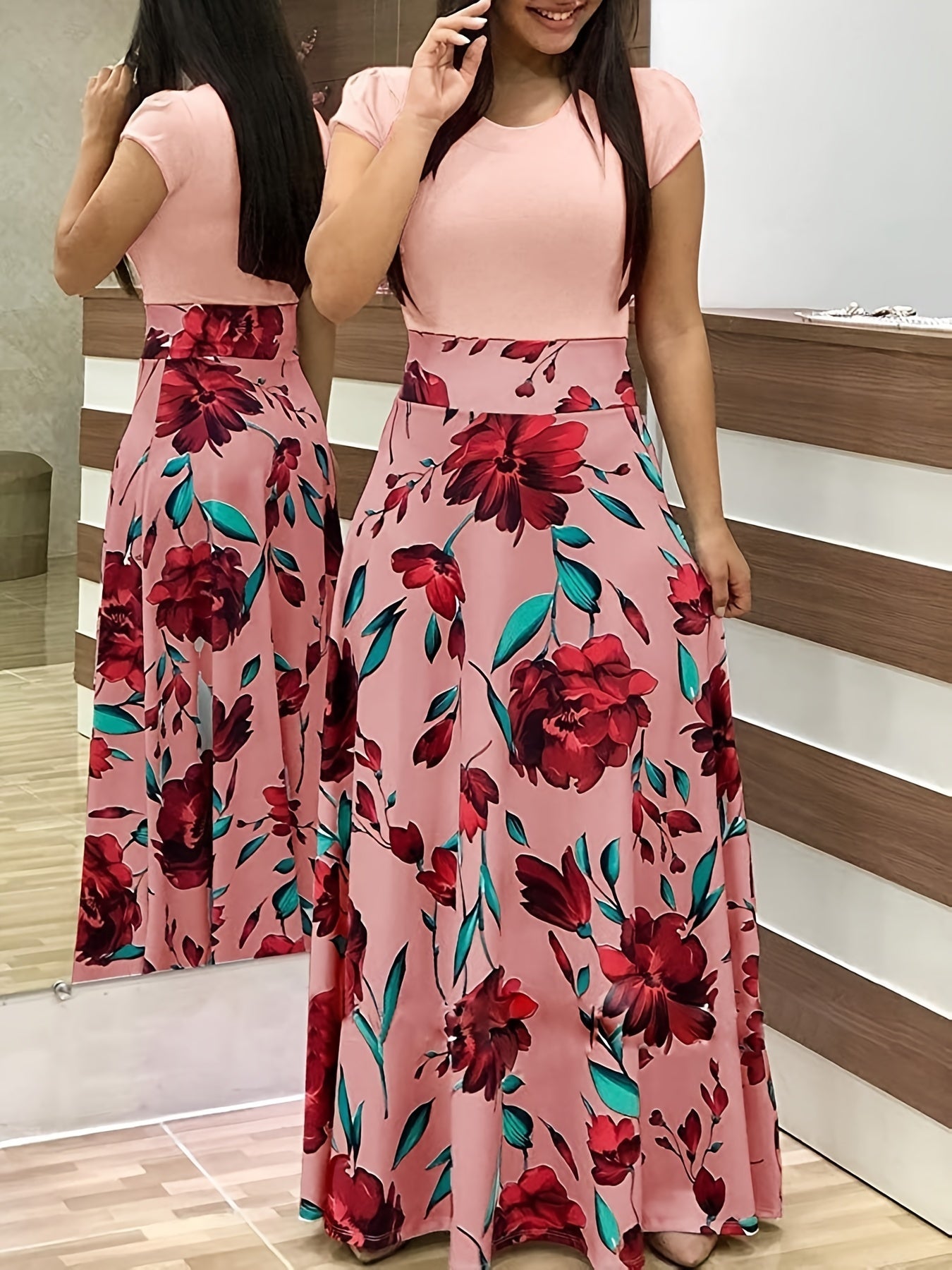 Splicing Crew Neck Dress Short Sleeve Pleated Maxi Dress Women's Clothing