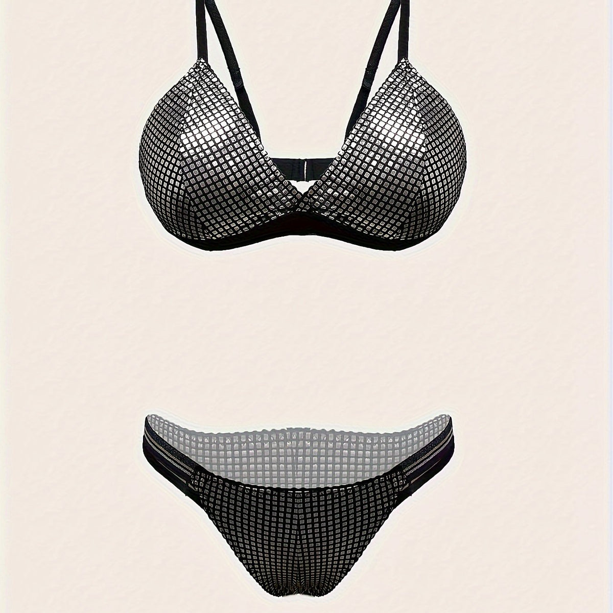  Metallic Grid V Neck Bra & Glitter Panty Set