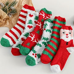 6 Pairs Christmas Socks Thickened Fuzzy Winter Warm Cartoon Socks