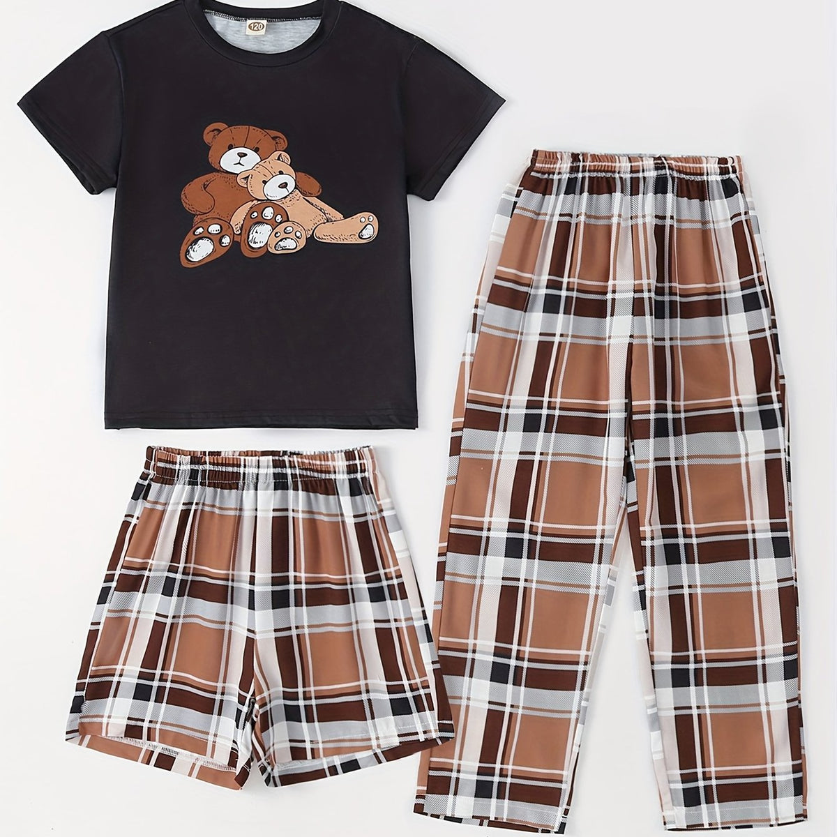 Girls Bear Graphic Pajamas Set, Crew Neck T-Shirt & Plaid Shorts