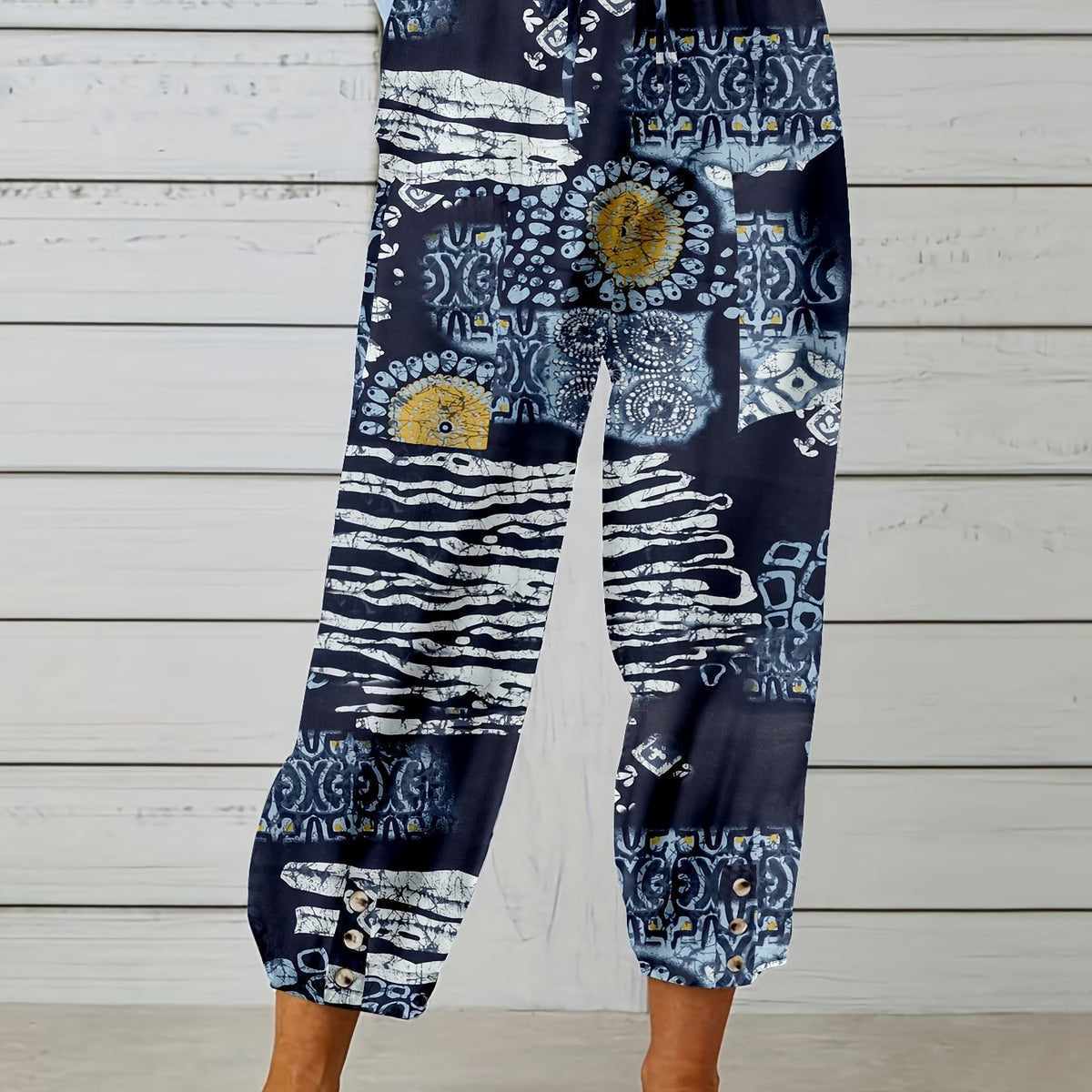 Abstract Print Cropped Pants Casual Drawstring Elastic Wais Pants