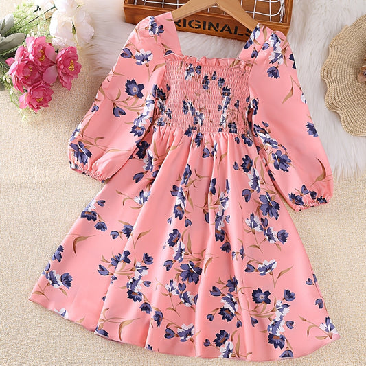 Boho Floral Long Sleeve Dress For Girls With Shirred Waist