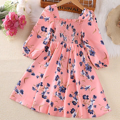 Boho Floral Long Sleeve Dress For Girls With Shirred Waist
