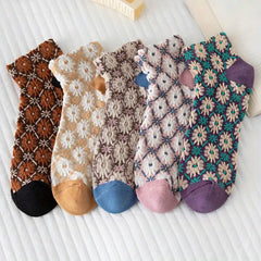 5 Pairs Floral Print Short Socks Retro Style 3D Textured Low Cut Socks