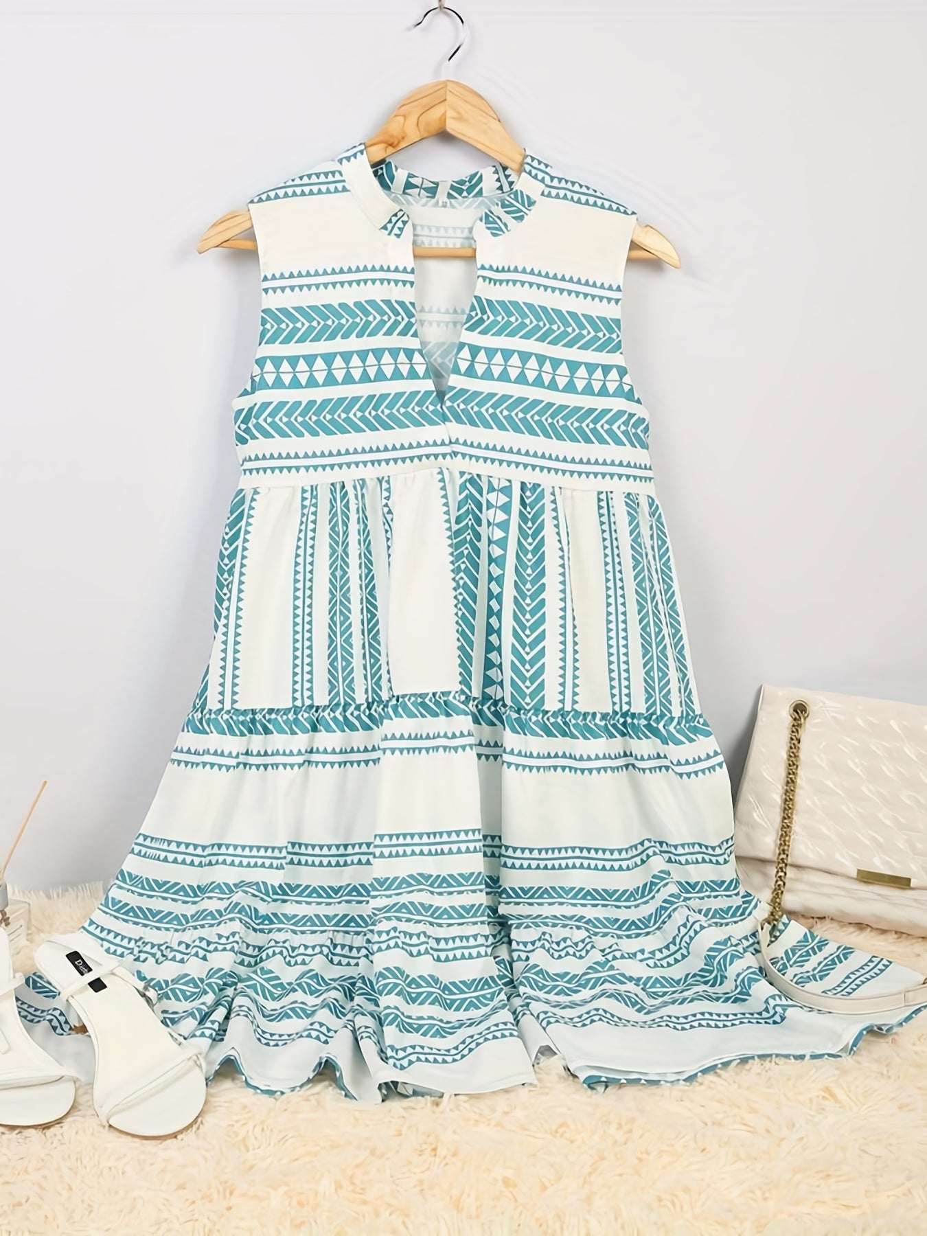 Boho Ruffle Trim Dress V Neck Stand Collar Sleeveless Summer Dress