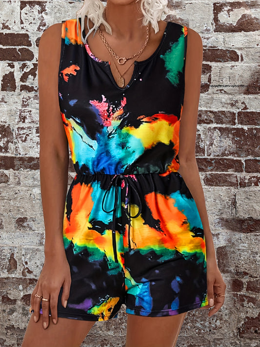 Tie Dye Drawstring Waist Romper Jumpsuit Casual Sleeveless