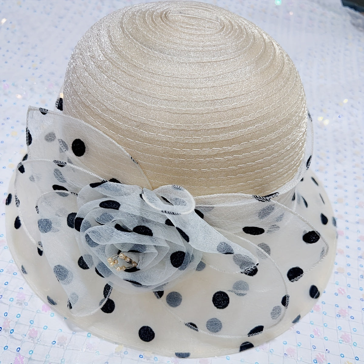 Polka Dot Flower Derby Hat Stitching Sun Hat Lightweight Mesh Bucket Hat