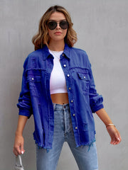  Solid Button Up Denim Jacket with Fringe Trim