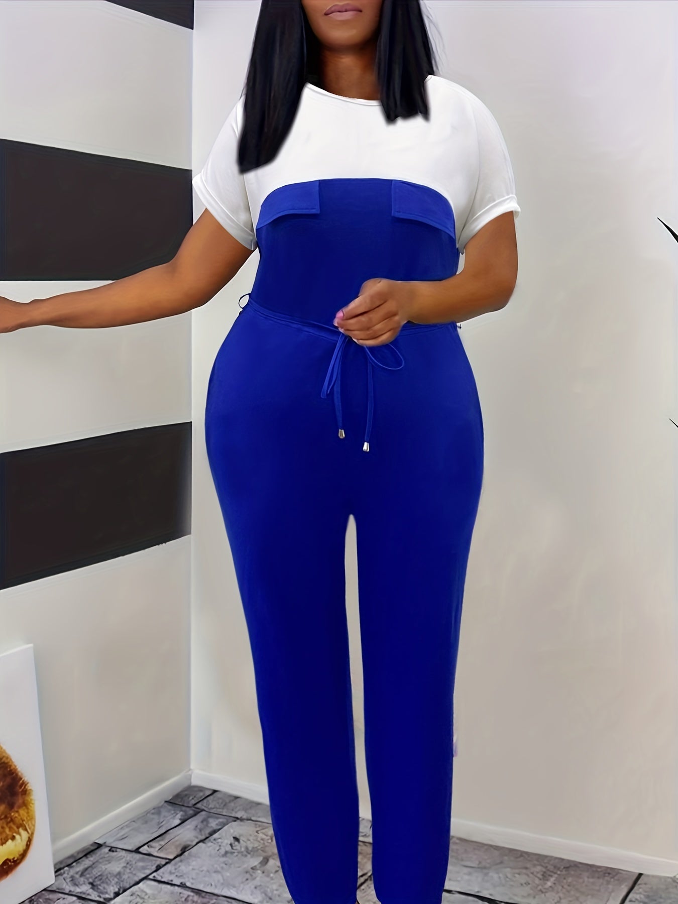  Colorblock Drawstring Jumpsuit with Pockets