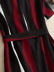 Plus Stripe Print Short Sleeve V Neck Knee Length Dress With Belt