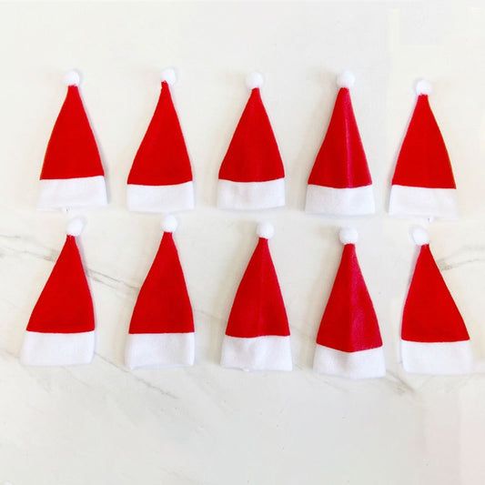 10pcs Mini Santa Hat Cup and Fork Cover Christmas Wine Bottle Covers