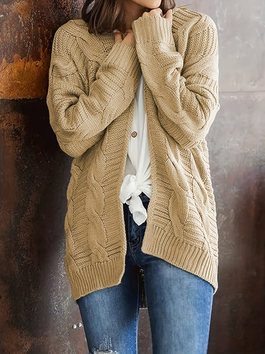 Casual Cardigan Solid Cable Open Front Long Sleeve Stretch Knit
