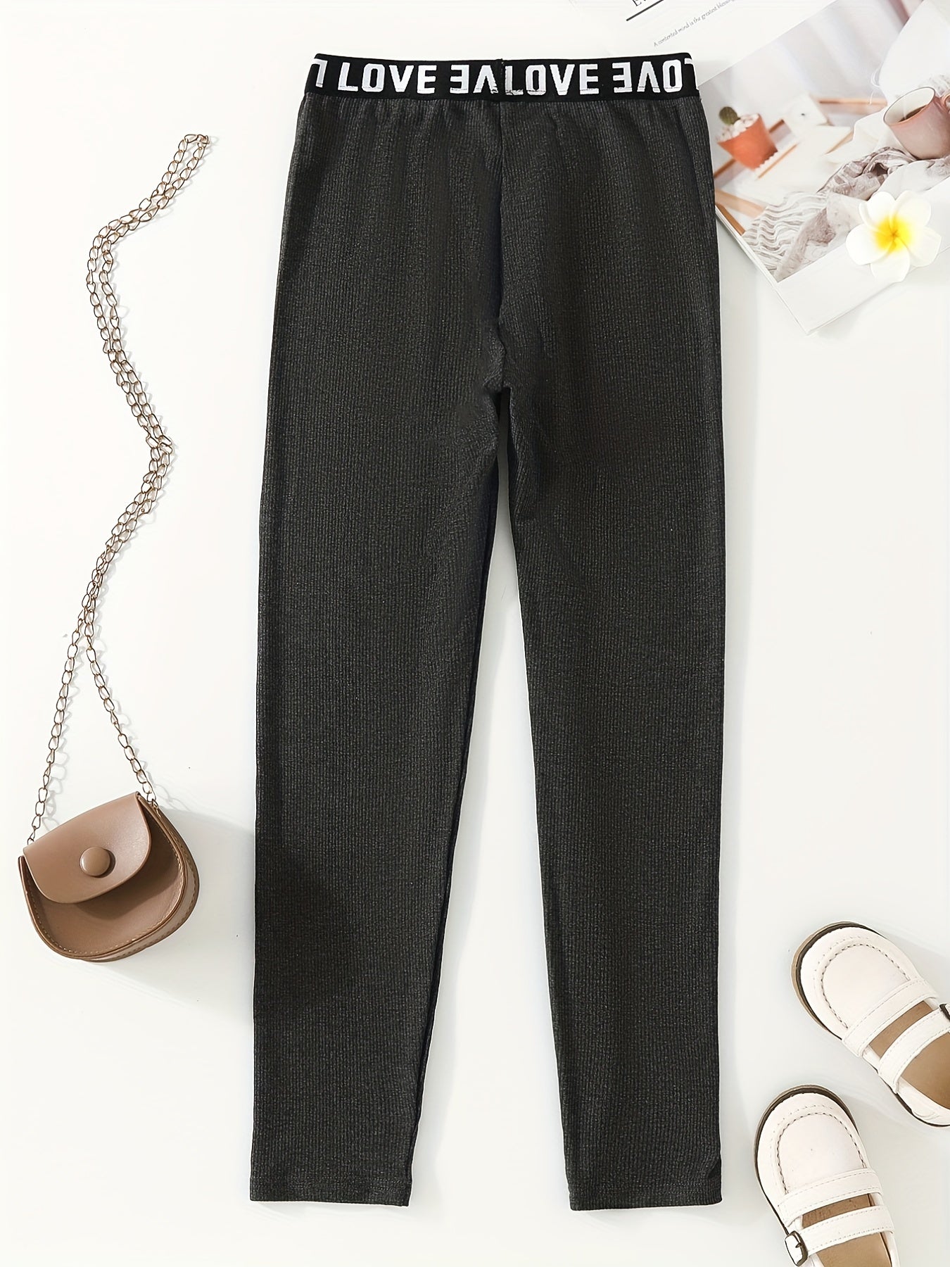 Kids Girls Lettered Taping Waistband Elastic Legging Ankle Pants
