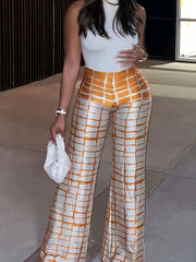  Grid Print High Rise Wide Leg Trousers