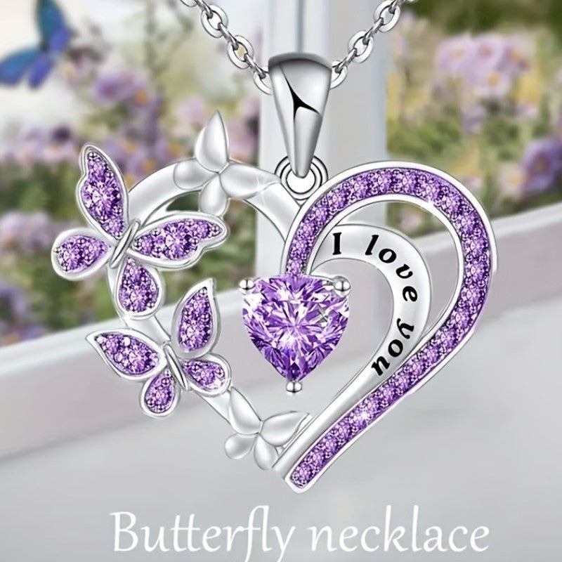 Glitter Purple Silver Heart Butterfly Pendant Necklace