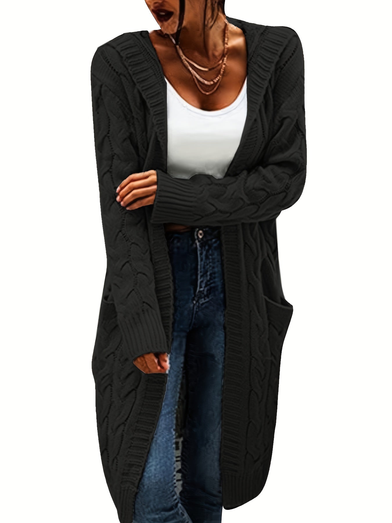 Solid Twisted Knitted Hooded Cardigan for Women