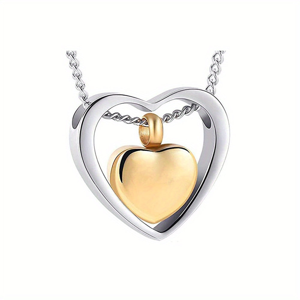 Double Heart Cremation Necklace Stainless Steel Memorial Locket Keepsake