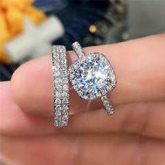 2pcs Shining Gemstone Promise Rings Silver Plated Dainty Jewelry