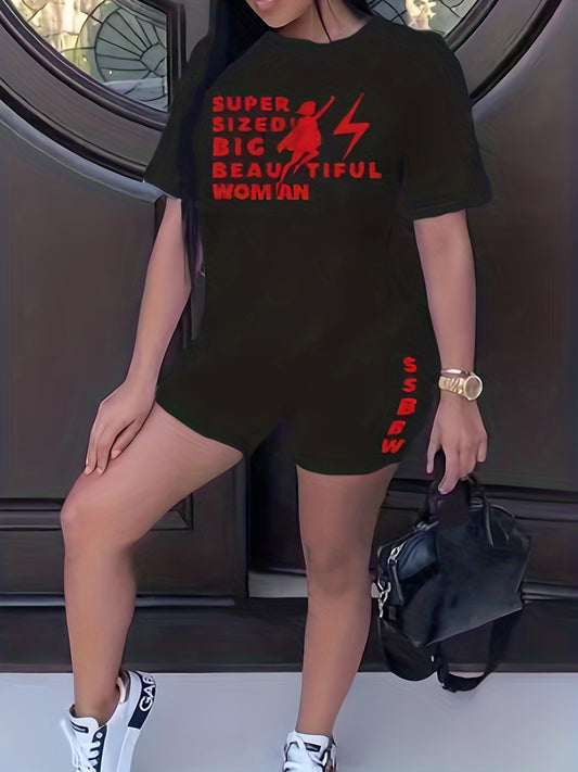  Woman Figure & Letter Print Tee & Shorts Set