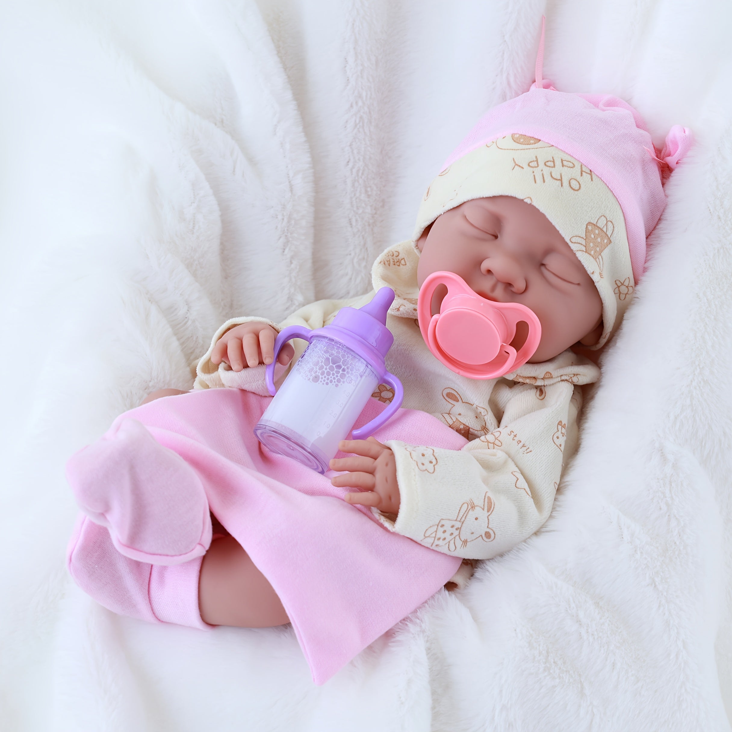 Realistic Reborn Baby Doll in Sleeping Pose with Pink Bunny Outfit