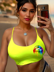 Rainbow Lips Print Cami Sleep Tops Sexy Crew Neck Sleeveless Top