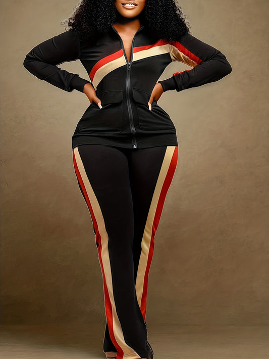 Striped Print Jacket & Pants Set Women's Plus Casual 2pcs Set