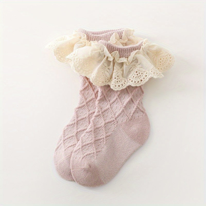 Baby Girls Cotton Argyle Crew Socks Ruffle Lace Decor Spring Autumn