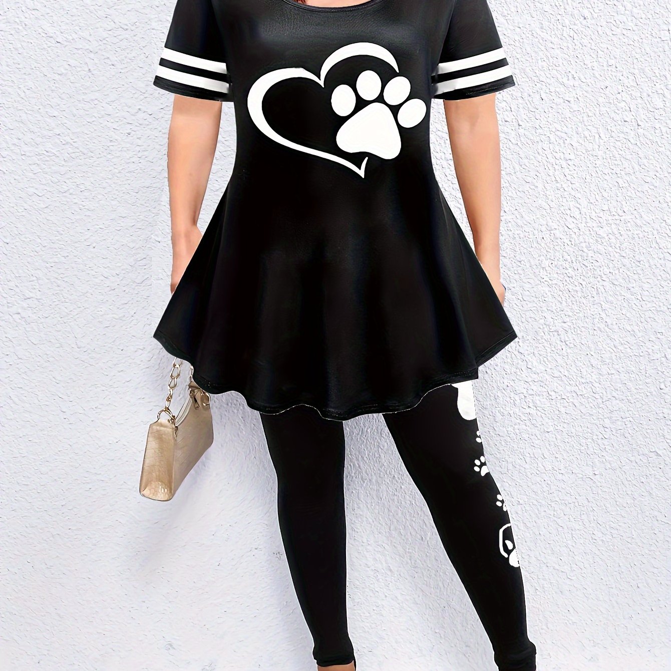  Paw Heart Print Top & Leggings Outfit Set for Women