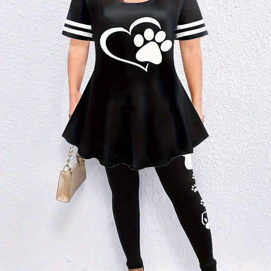  Paw Heart Print Top & Leggings Outfit Set for Women