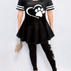  Paw Heart Print Top & Leggings Outfit Set for Women