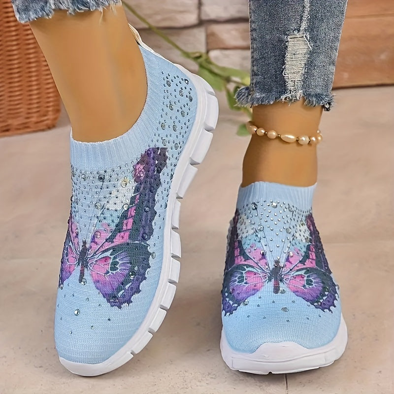 Women's Butterfly Print Slip On Sneakers Breathable Low Top Running Shoes