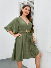  V Neck Dress with Belt Women's Plus Slim Fit Dress
