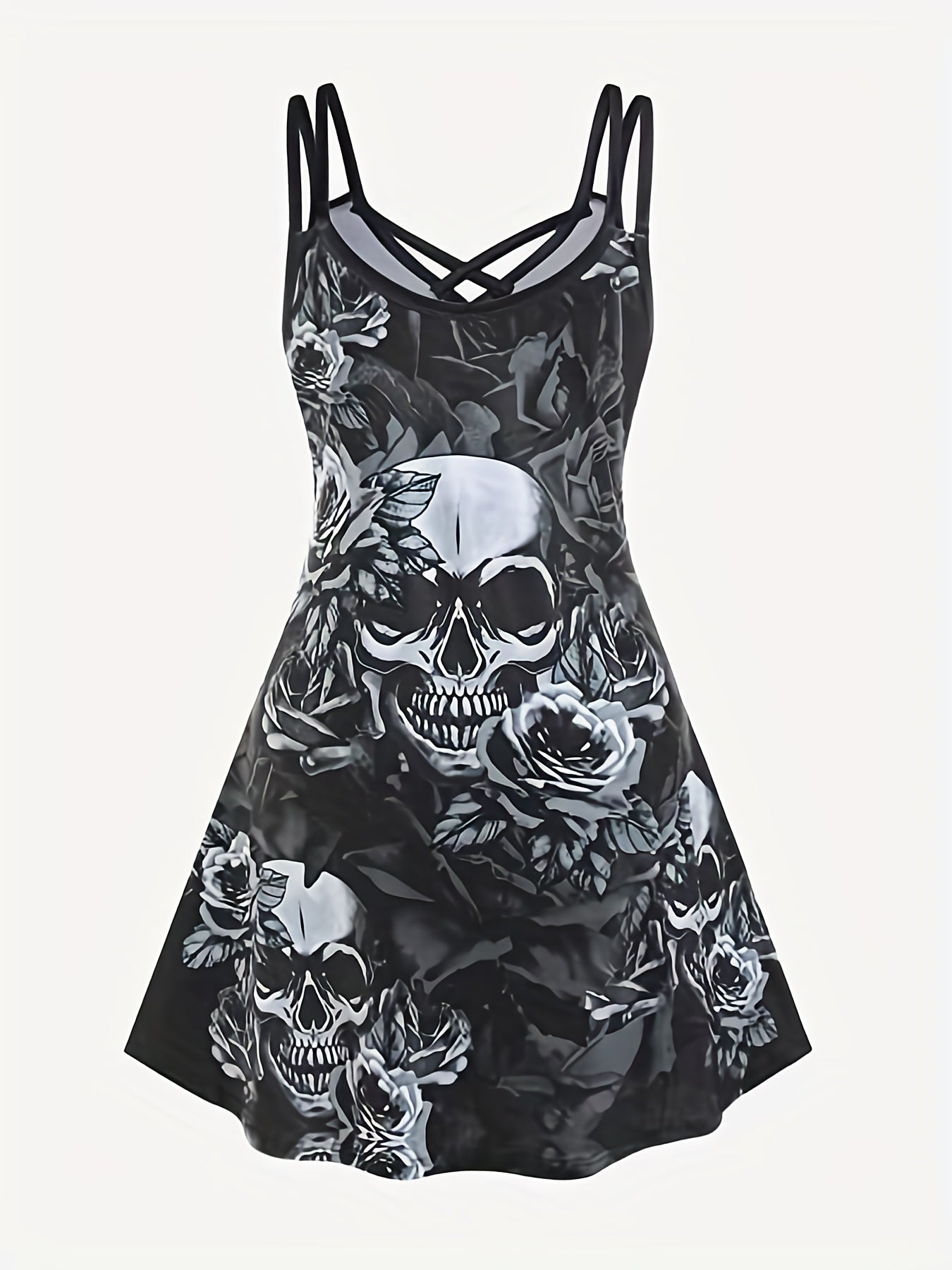 Skull Print Spaghetti Strap Dress Gothic Sleeveless V Neck Dress