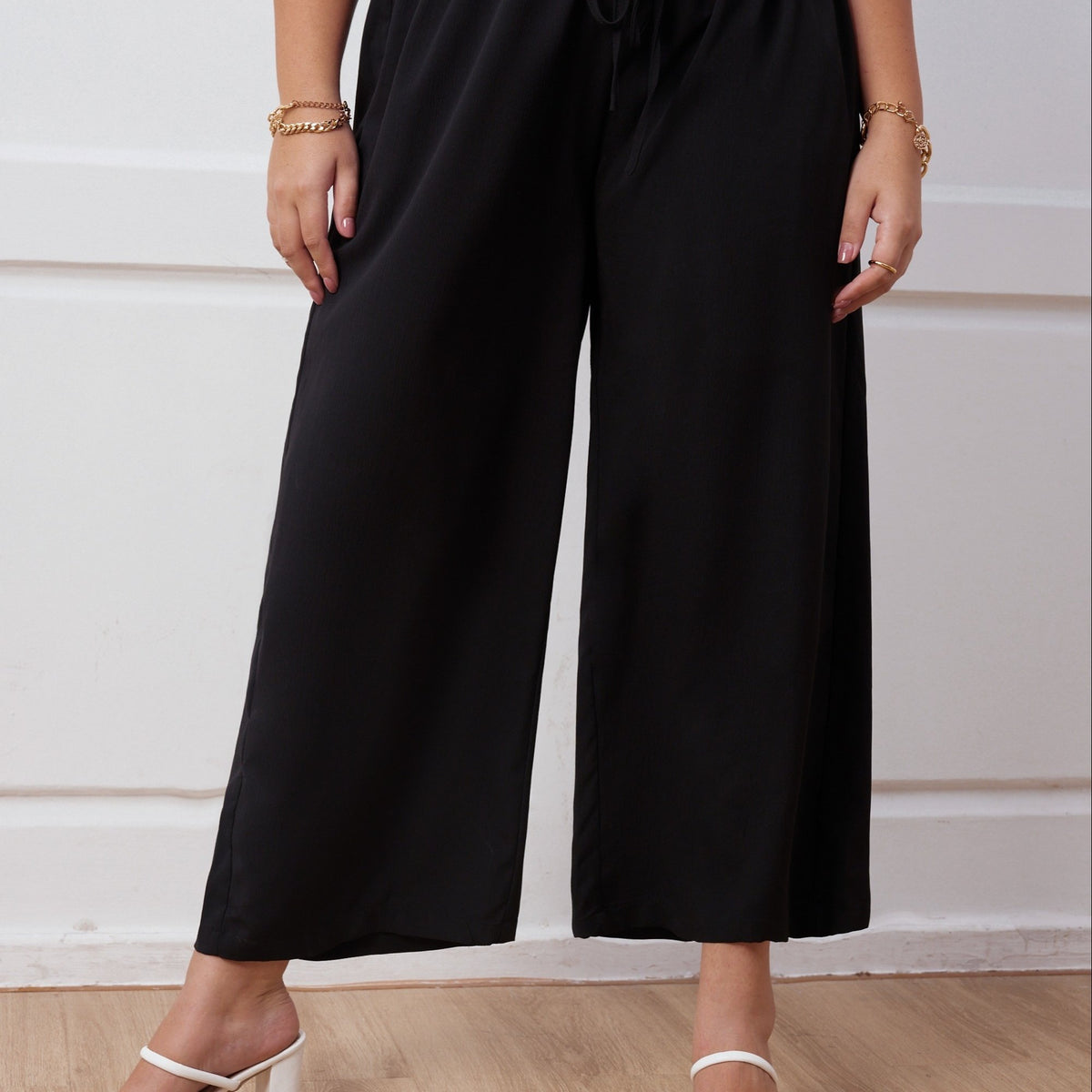  Solid Elastic Drawstring Wide Leg Pants