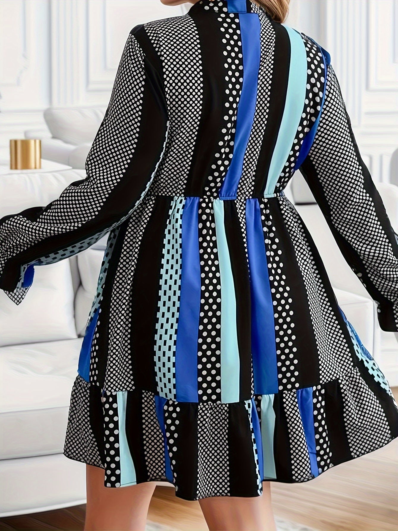 Plus Size Women's Colorblock Print Flounce Sleeve Mini Dress