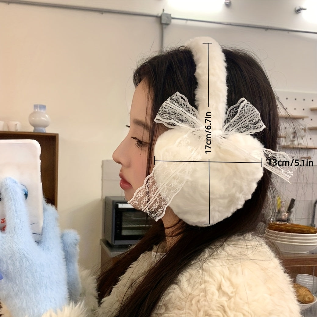 Japanese Style Fluffy Ear Muffs with Lace Bow Heart Shaped Earmuffs