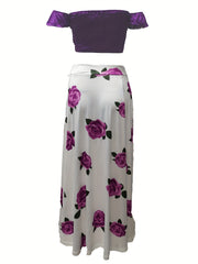 Off Shoulder Crop Top & Floral Print Skirt Set Women's Outfit