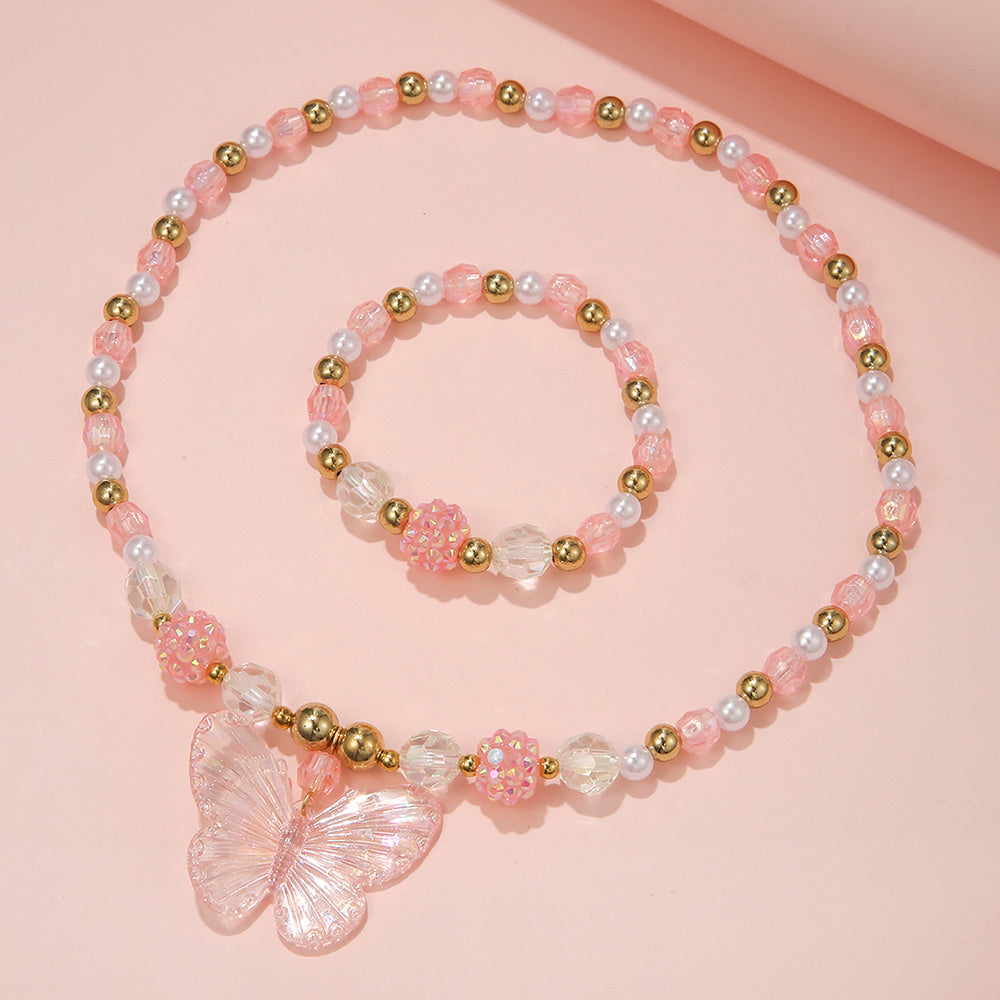 Kids Butterfly Necklace Set Acrylic Pendant Beads Elastic Bracelet