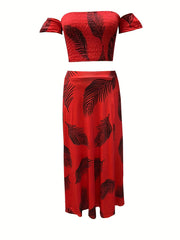 Boho Plants Print 2pc Set Off Shoulder Tube Top & Maxi Skirt Outfits